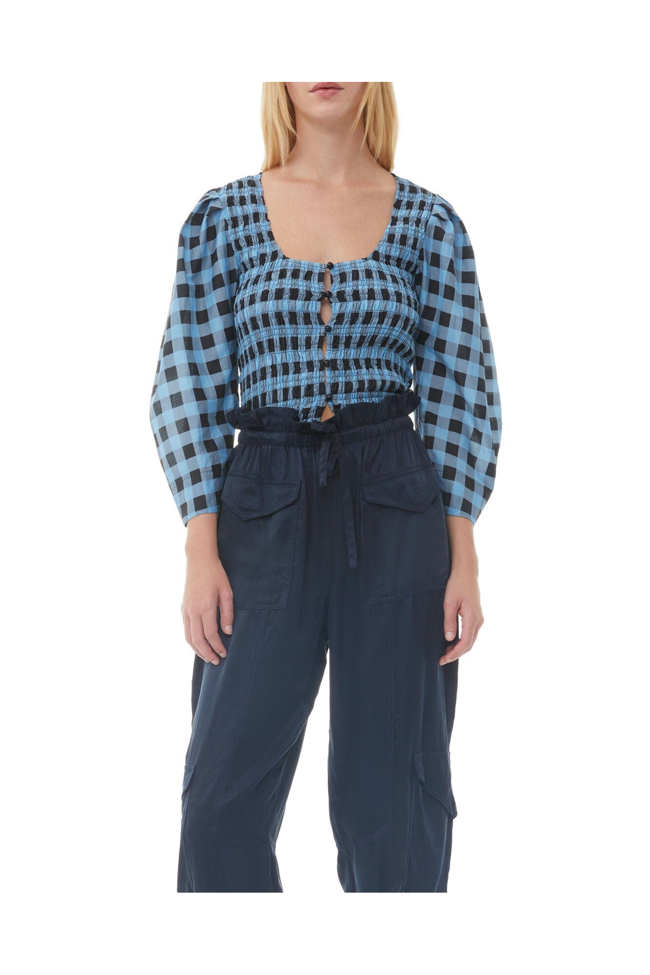 Checkered Cotton Silk Blouse | Alaskan Blue