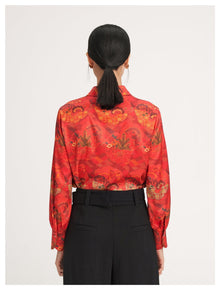 Chinese-style Printed Belted Blouse | Red