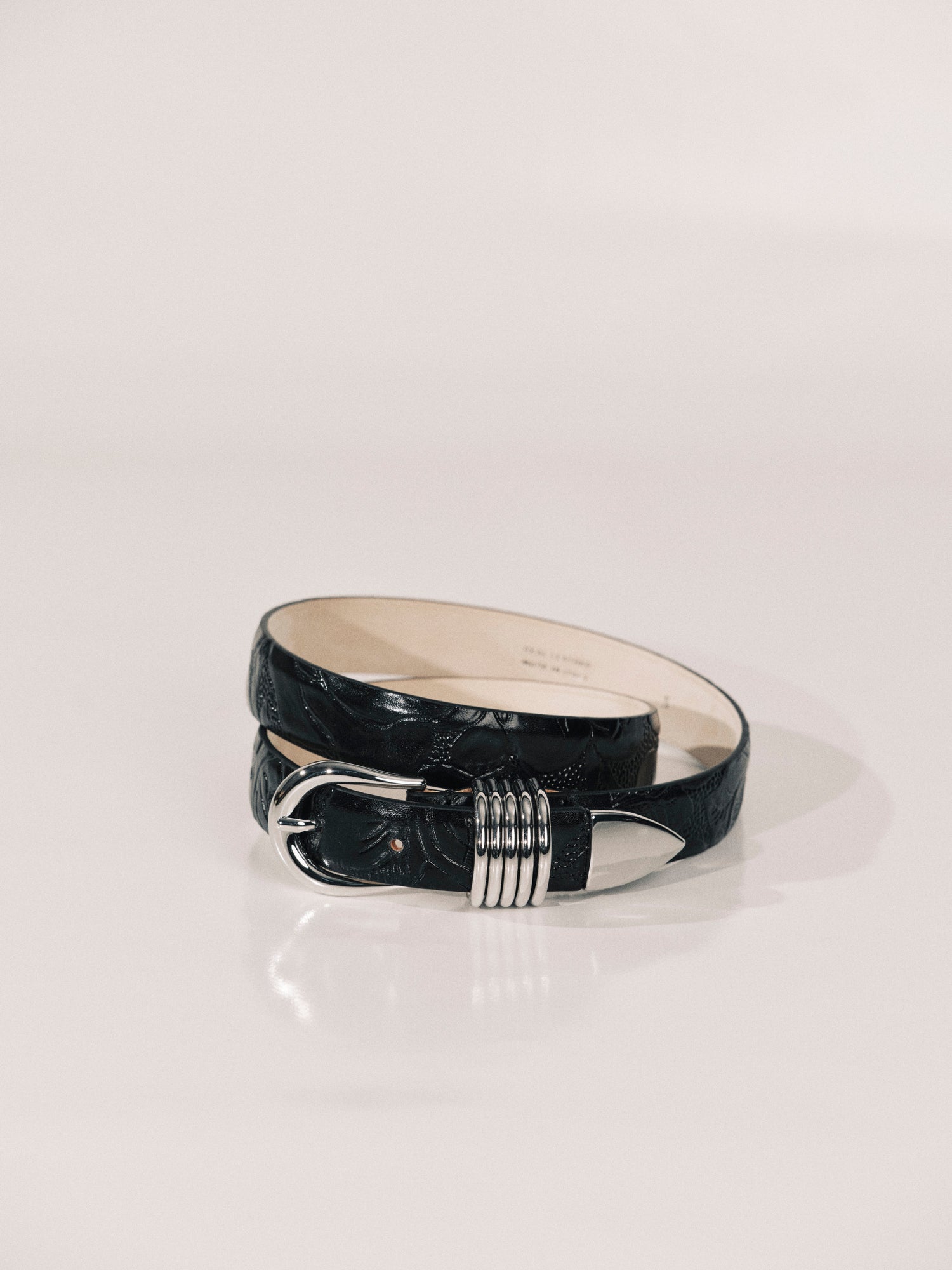 Hollyhock Leather Belt | Floral Embossed Black & Silver