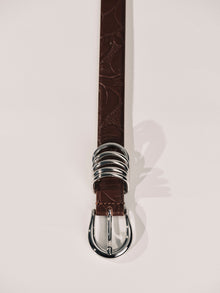 Hollyhock Leather Belt | Floral Embossed Mahogany & Silver
