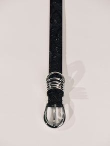 Hollyhock Leather Belt | Floral Embossed Black & Silver