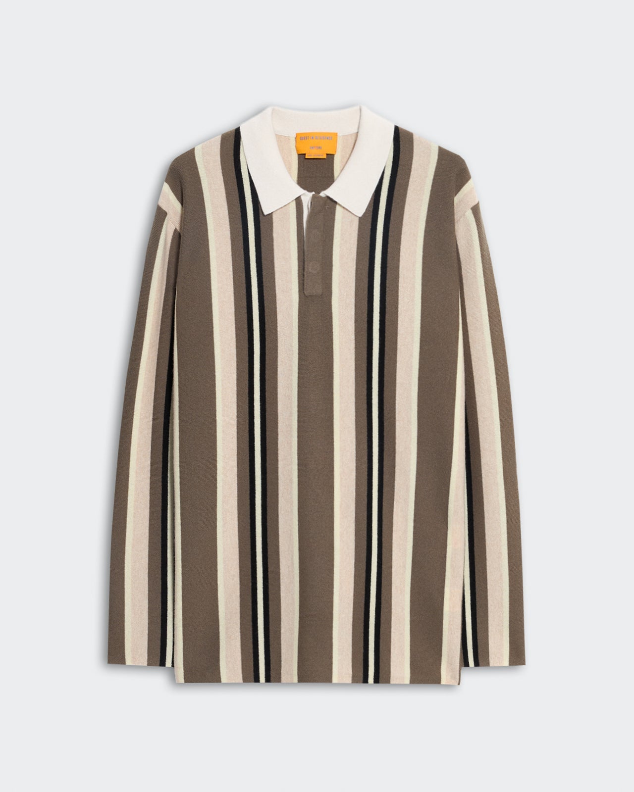 Striped Rugby - Cypress Combo, a long-sleeve rugby shirt featuring vertical stripes in shades of brown, beige, cream, and black, with a contrasting white collar, displayed flat on a neutral background.