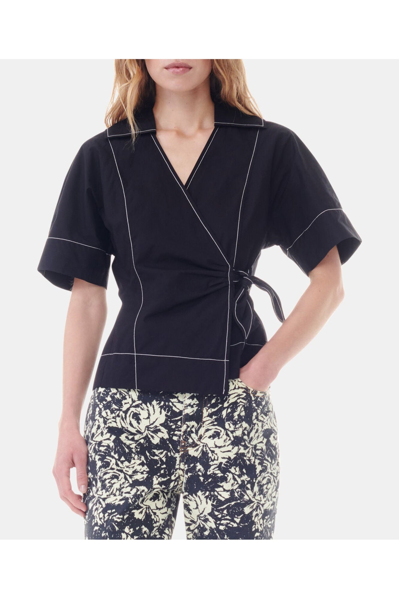 Cotton Poplin Wrap Blouse | Black