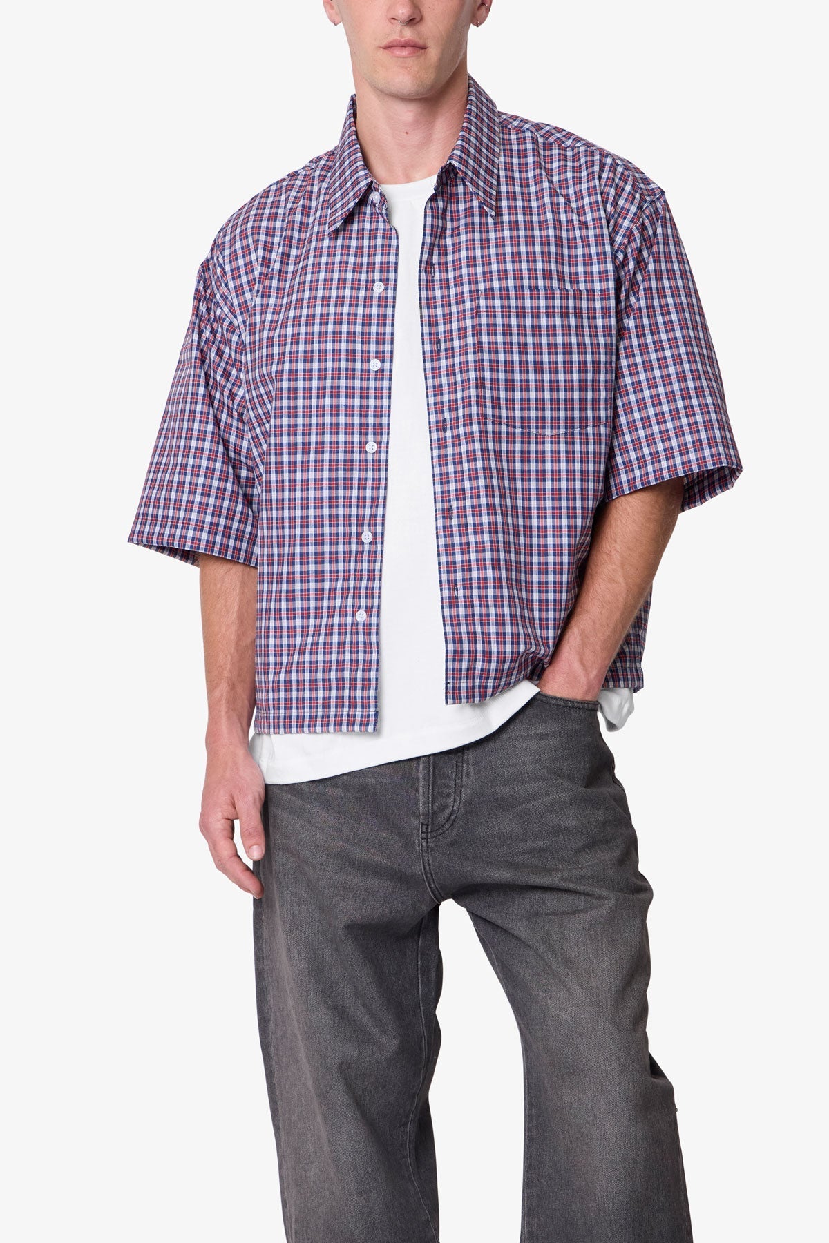 Crispy Poplin Over Shirt | Red/Blue