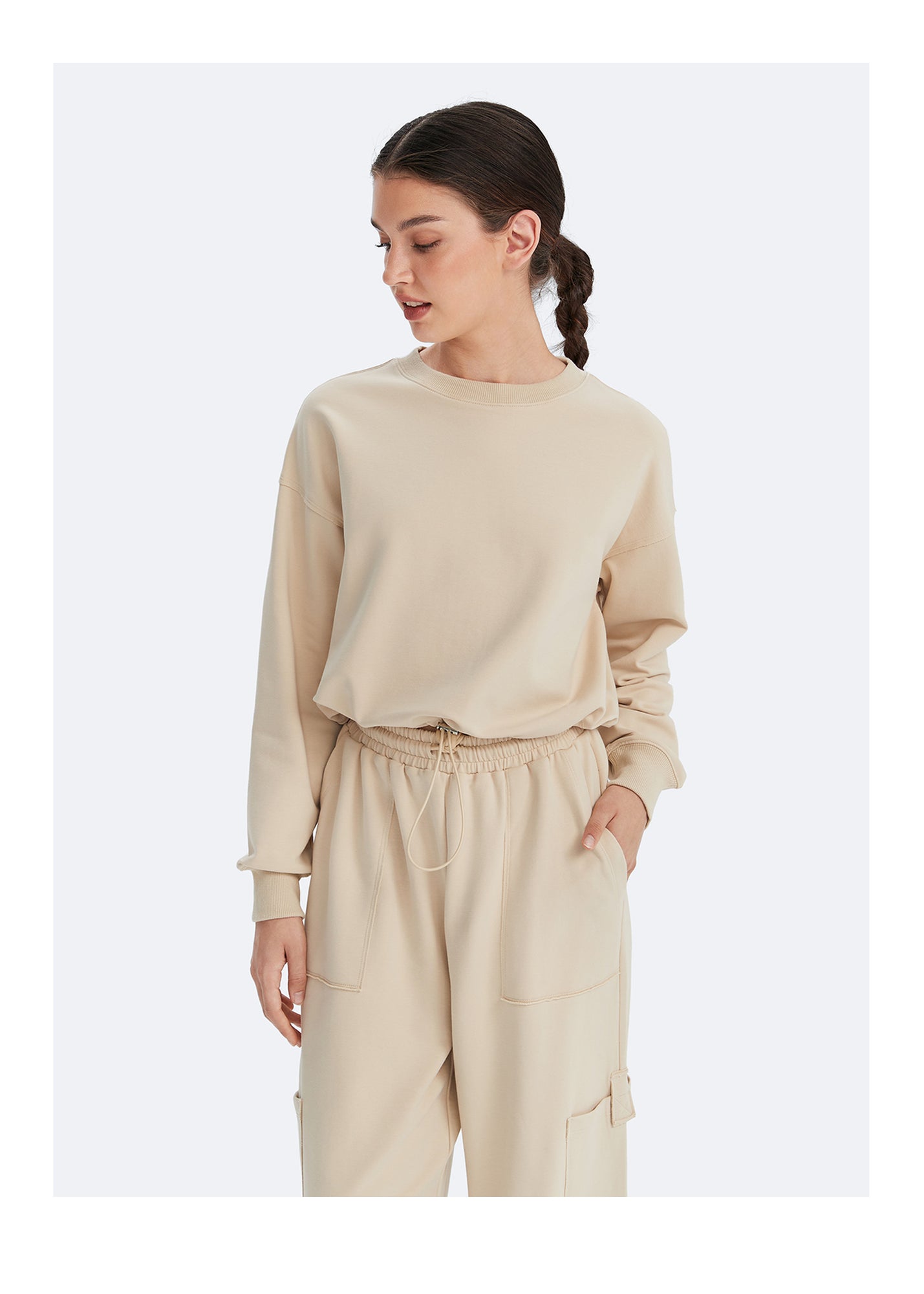 Cropped Sweatshirt with Drawstring | Oat Milk Beige
