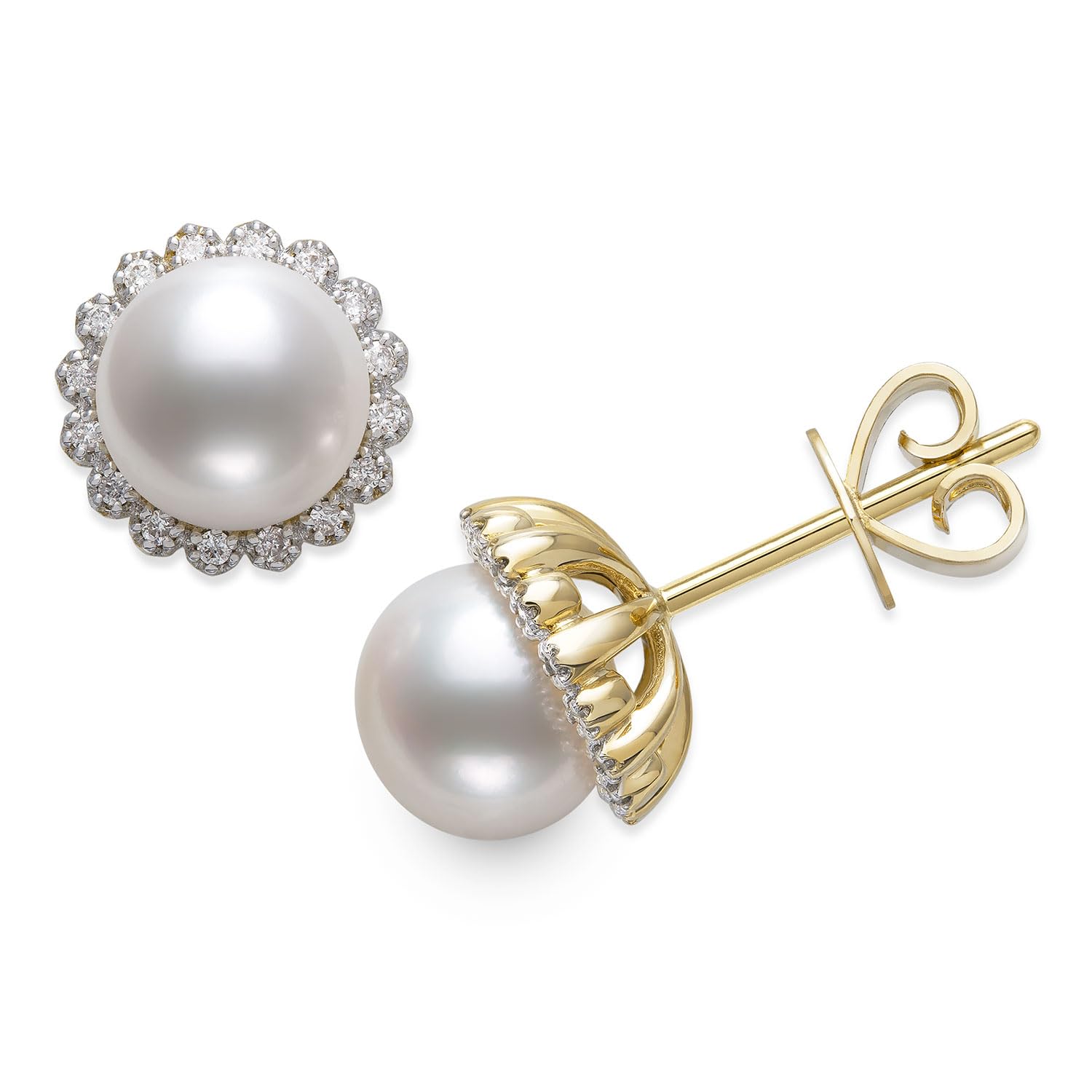 Round Stud Earrings | 14K Yellow Gold | 0.25 Carat Lab Grown Diamond/White Akoya Pearl | 8mm - 9mm | H-I-I2-I3