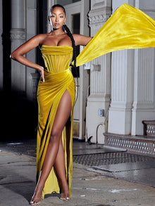Priya Draping Corset High Slit Velvet Gown | Gold
