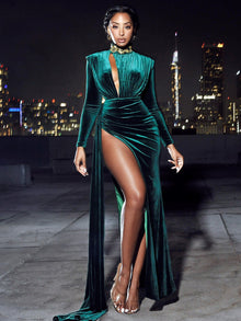 Zenaida Cutout High Slit Velvet Gown | Emerald Green