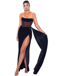 Priya Draping Corset High Slit Velvet Gown | Black