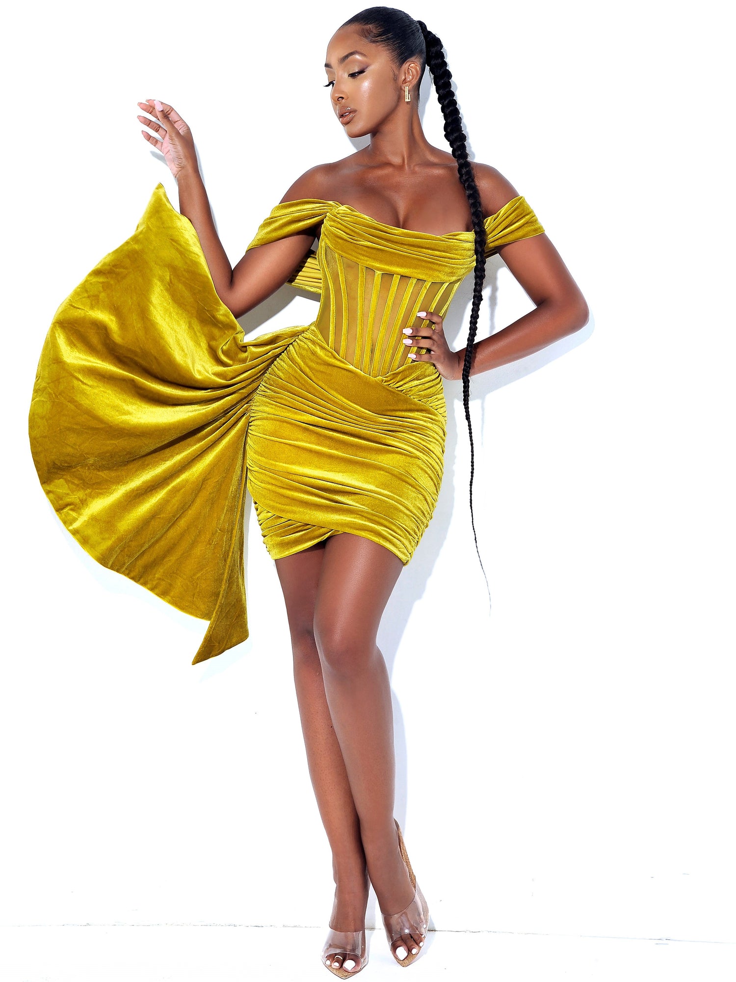 Irisa Draping Off Shoulder Corset Dress | Gold
