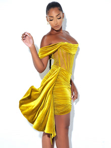 Irisa Draping Off Shoulder Corset Dress | Gold