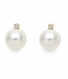 Round Stud Earrings - I | 14K Yellow Gold | 0.066 Carat Lab Grown Diamond/White Freshwater Pearl | 7mm - 8mm | G-SI