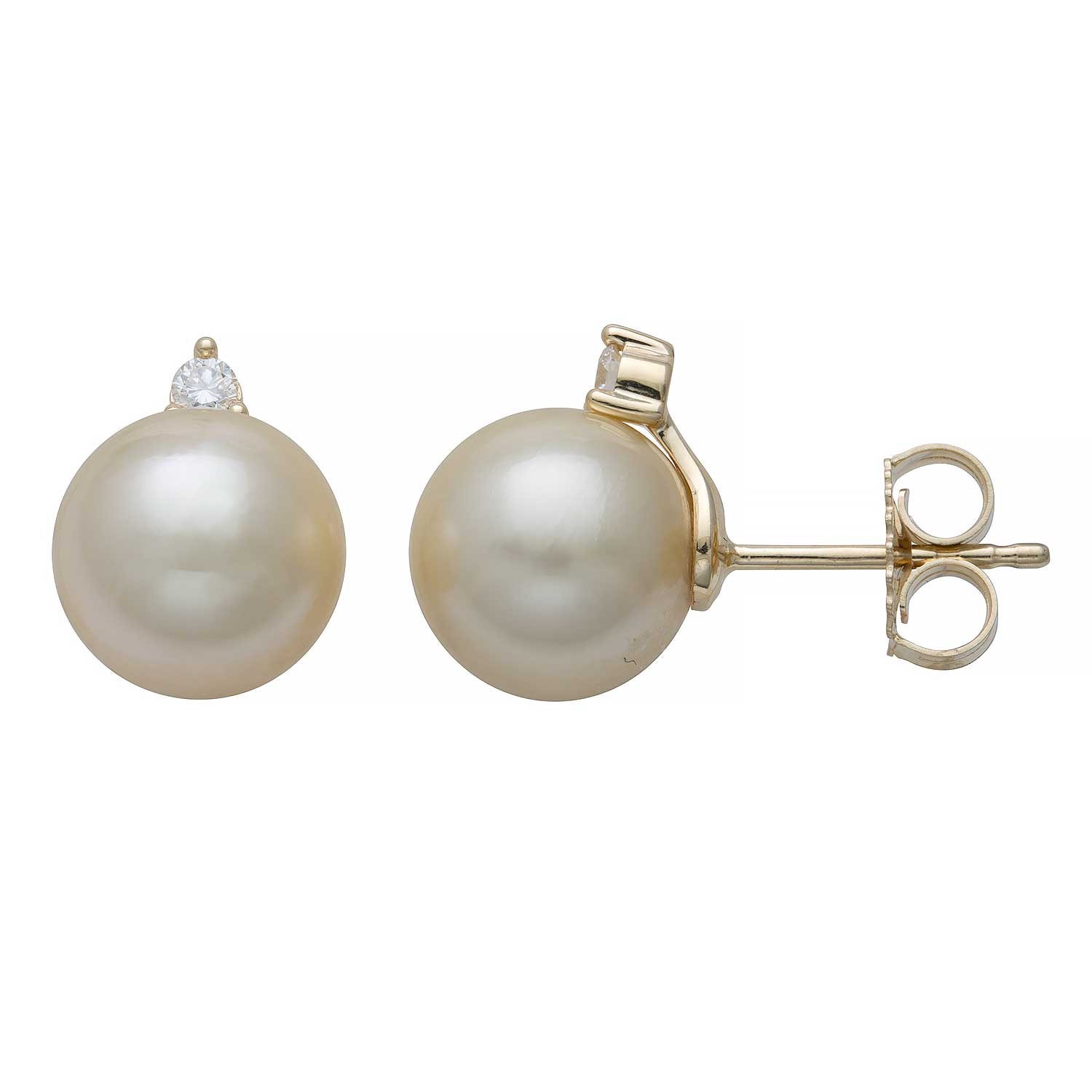 Round Stud Earrings | 14K Yellow Gold | 0.25 Carat Lab Grown Diamond/Golden South Sea Pearl | 10mm - 11mm | H-I-I2-I3