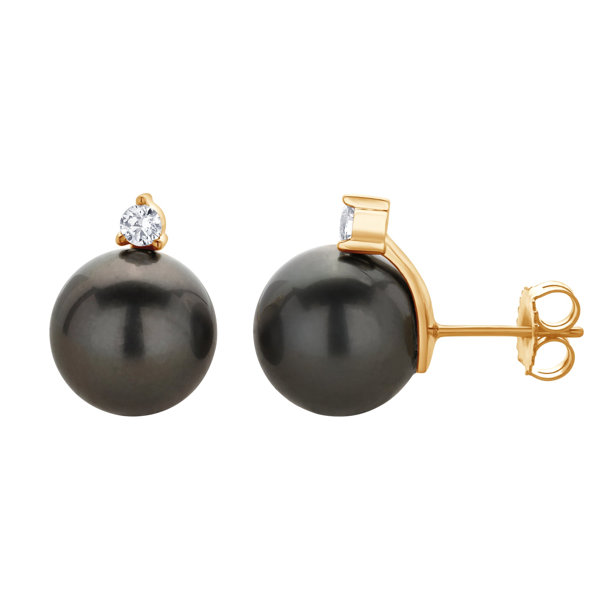 Round Stud Earrings | 14K Yellow Gold | 1/4 Carat Lab Grown Diamond/Black Tahitian Pearl | 11mm - 12mm | G-SI