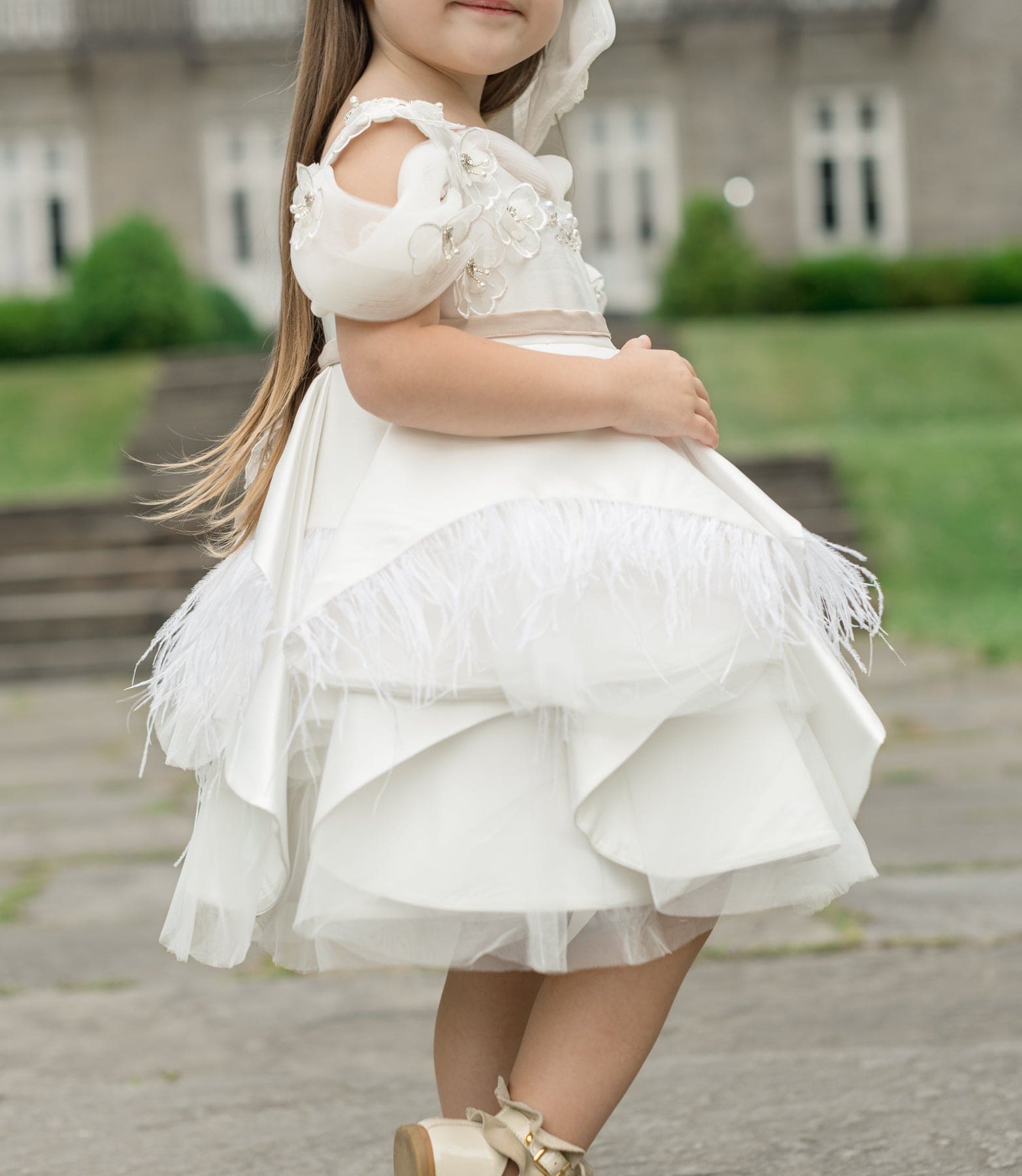 Girl | Constanza Ceremony Dress with Champagne Bow | White x Beige