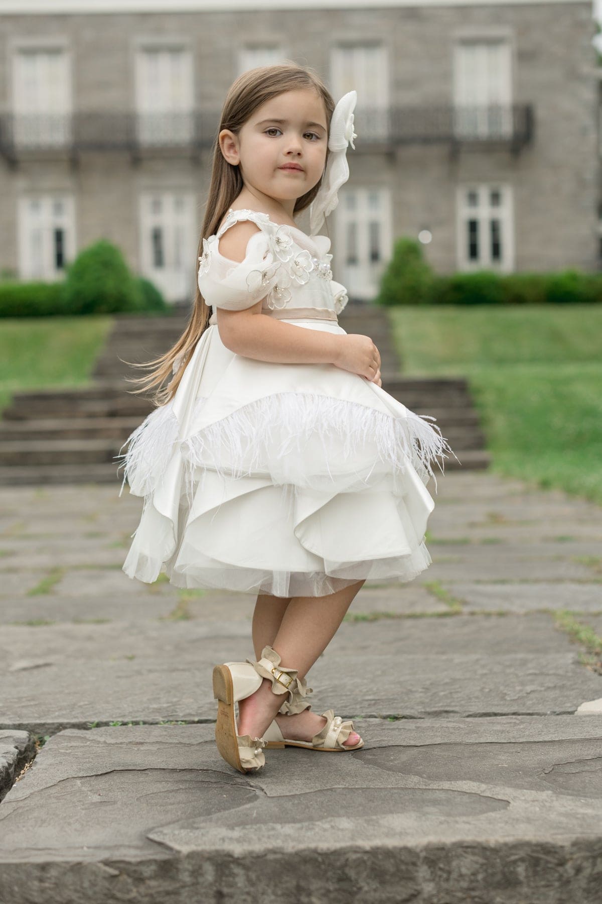Girl | Constanza Ceremony Dress with Champagne Bow | White x Beige
