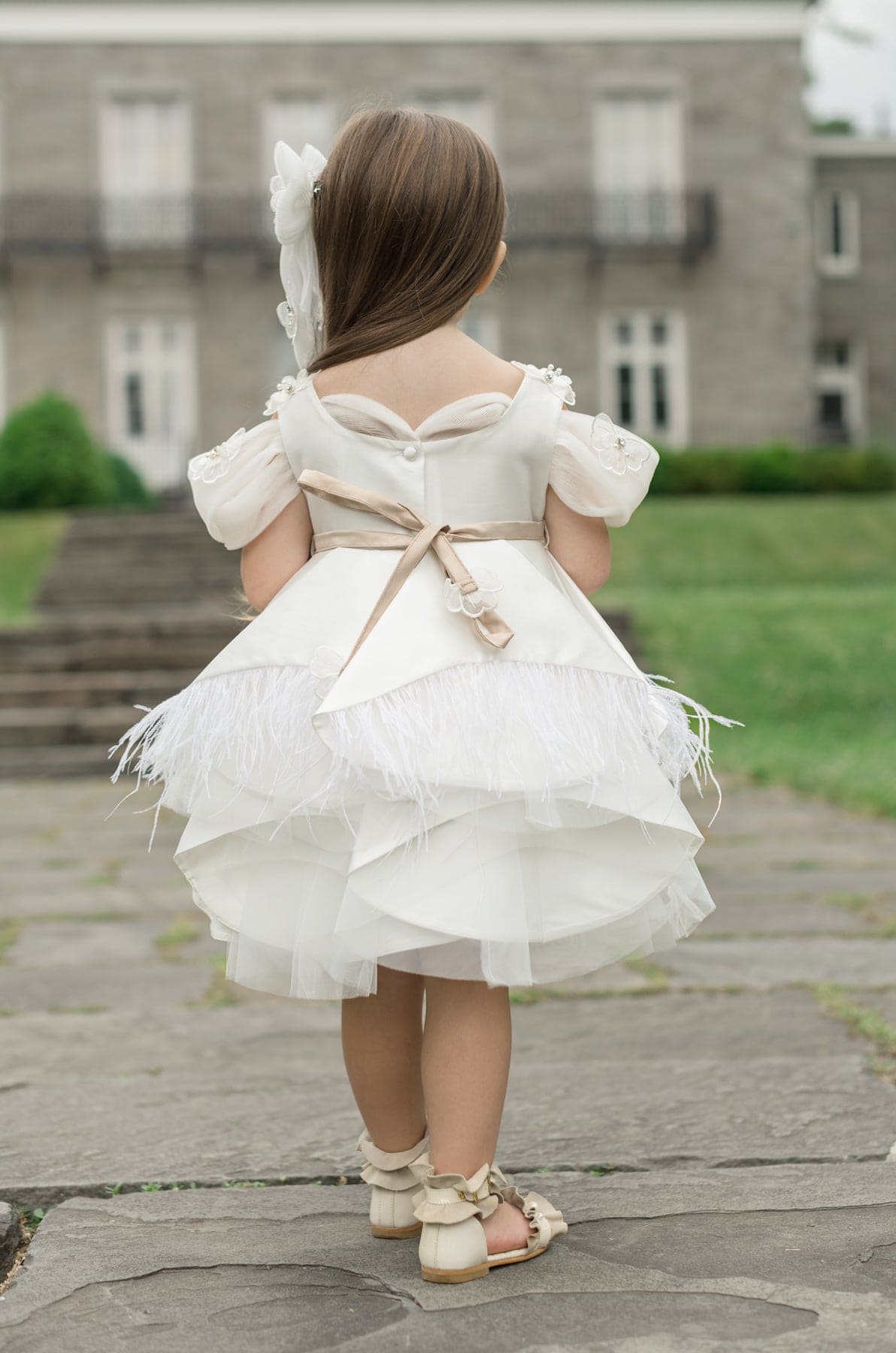 Girl | Constanza Ceremony Dress with Champagne Bow | White x Beige