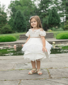 Girl | Constanza Ceremony Dress with Champagne Bow | White x Beige