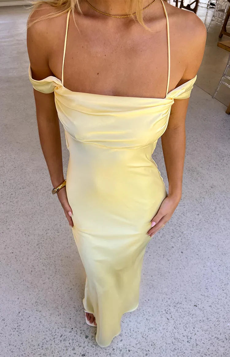 Danni Tie Off Shoulder Formal Maxi Dress | Light Yellow
