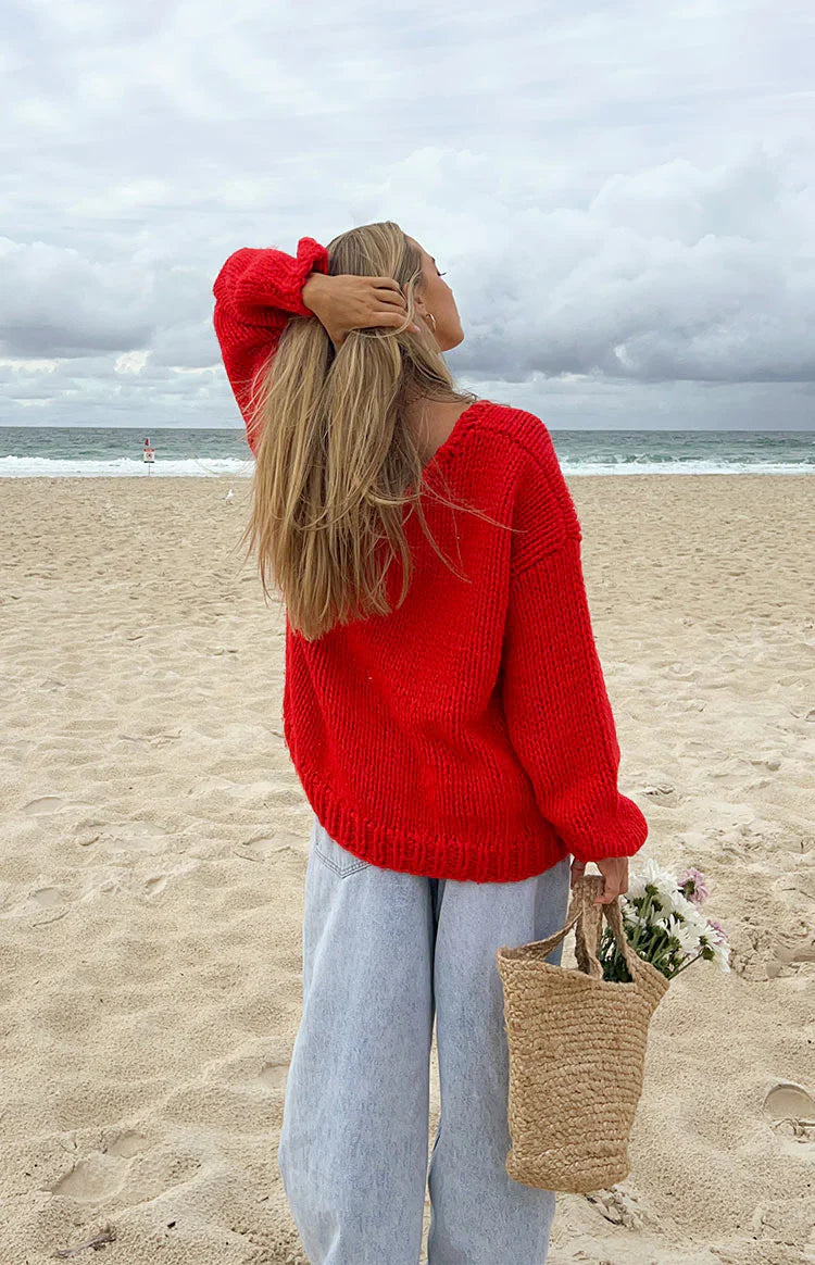 Delvey Chunky Knit Sweater | Red