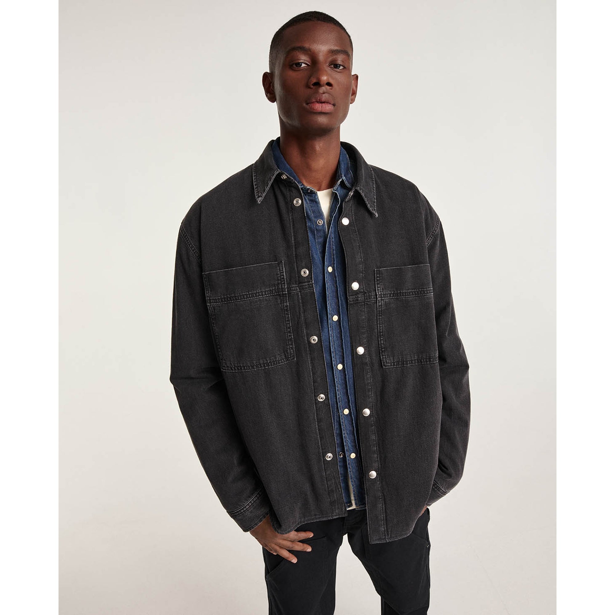 Denim Shirt With Check Lining | Men | Black Washed