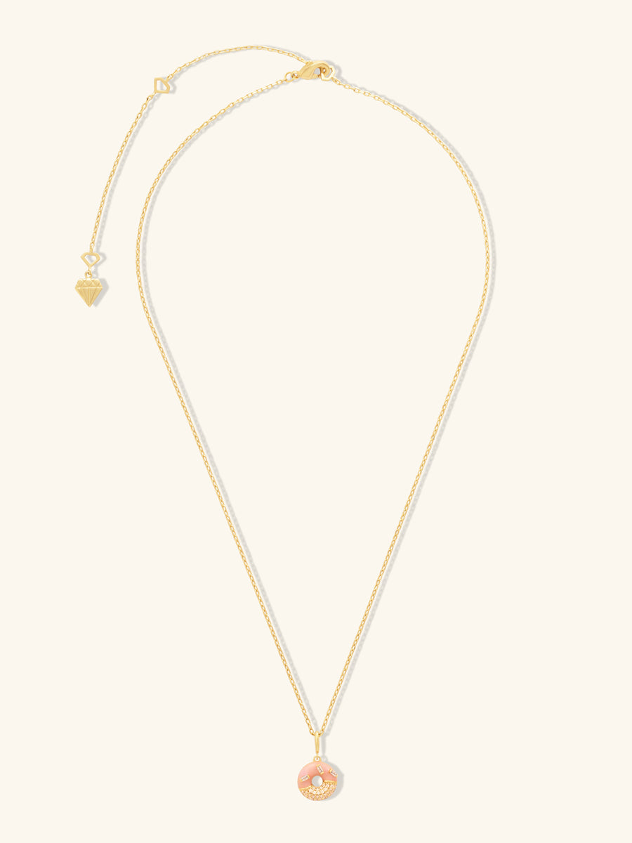 Donut Stawberry Glazed Necklace | 5A Grade Cubic Zirconia/Enamel | 14K Gold Plated Brass
