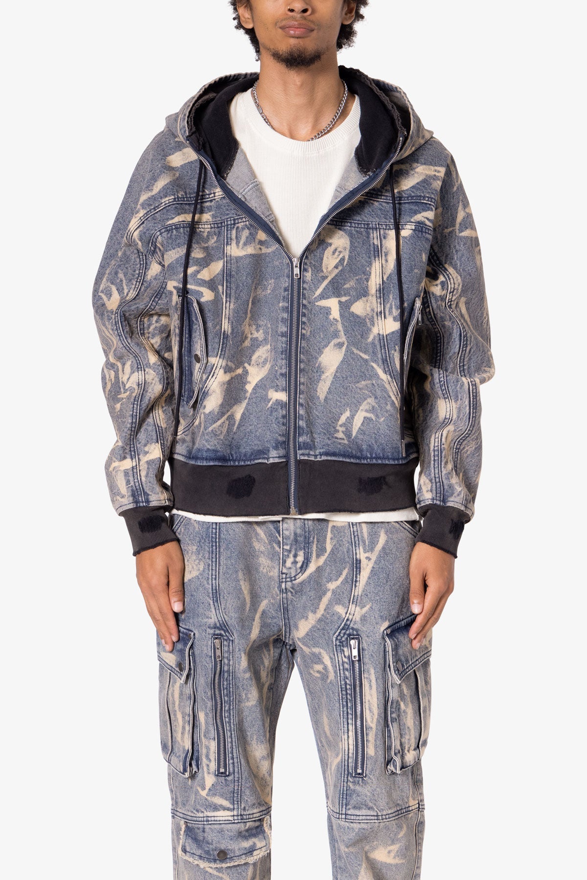 Double Denim Hooded Bomber Jacket | Blue