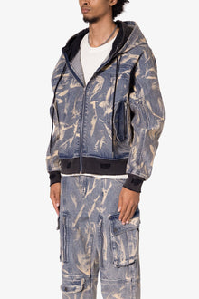 Double Denim Hooded Bomber Jacket | Blue