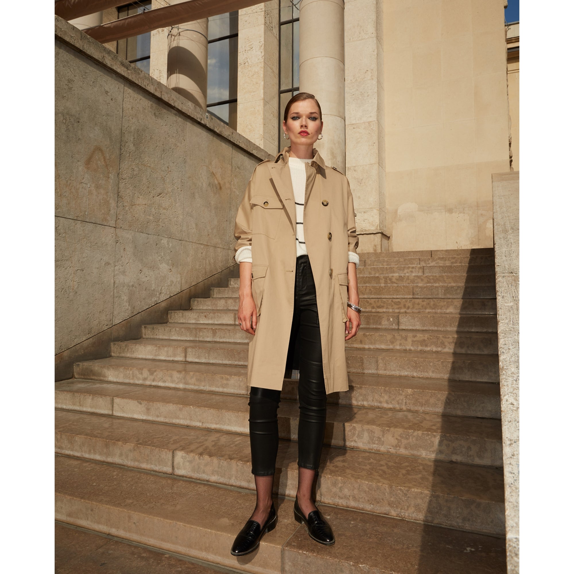 Dual Fabric Long Checked Coat | Women | Beige