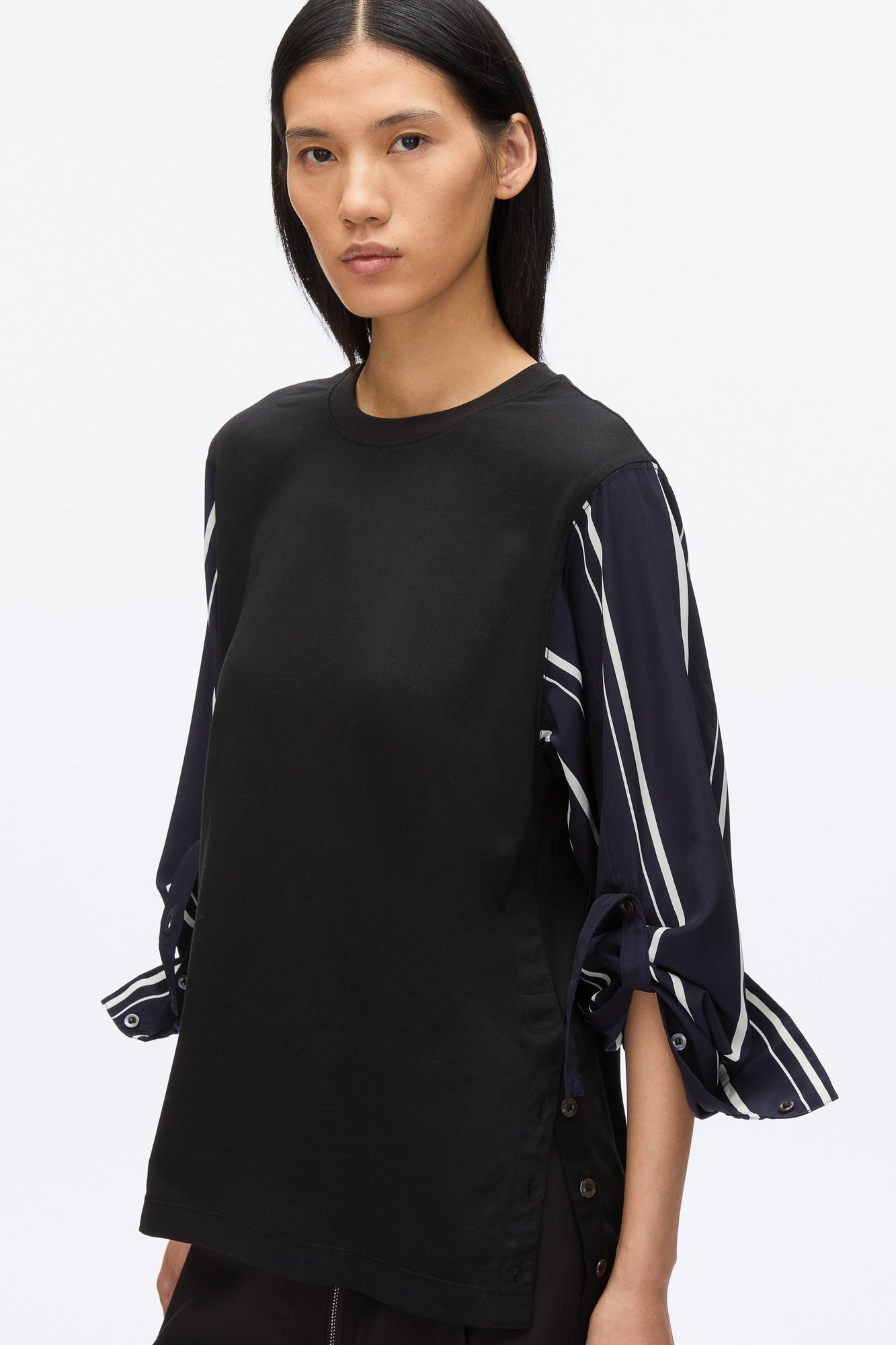 Long Sleeve Tee with Stripe Shirting Sleeves | Black/Midnight