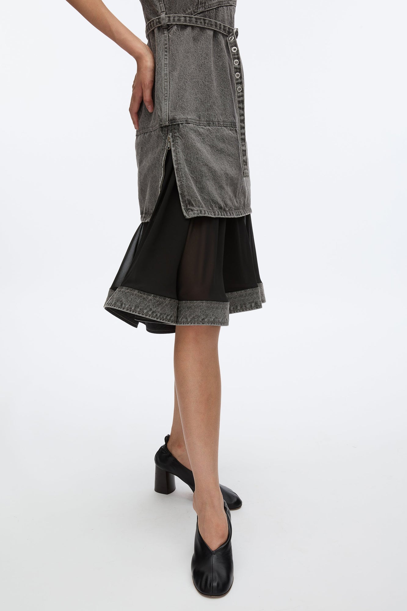 Denim V-Neck Dress with Chiffon Hem | Washed Grey