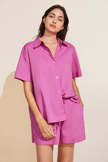 Model wears Organic Sandwashed Cotton Short PJ Set in italian rose.