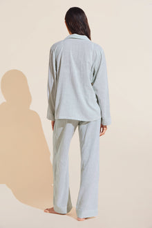 Model wears Nautico Long PJ Set in nautico white and green stripe.