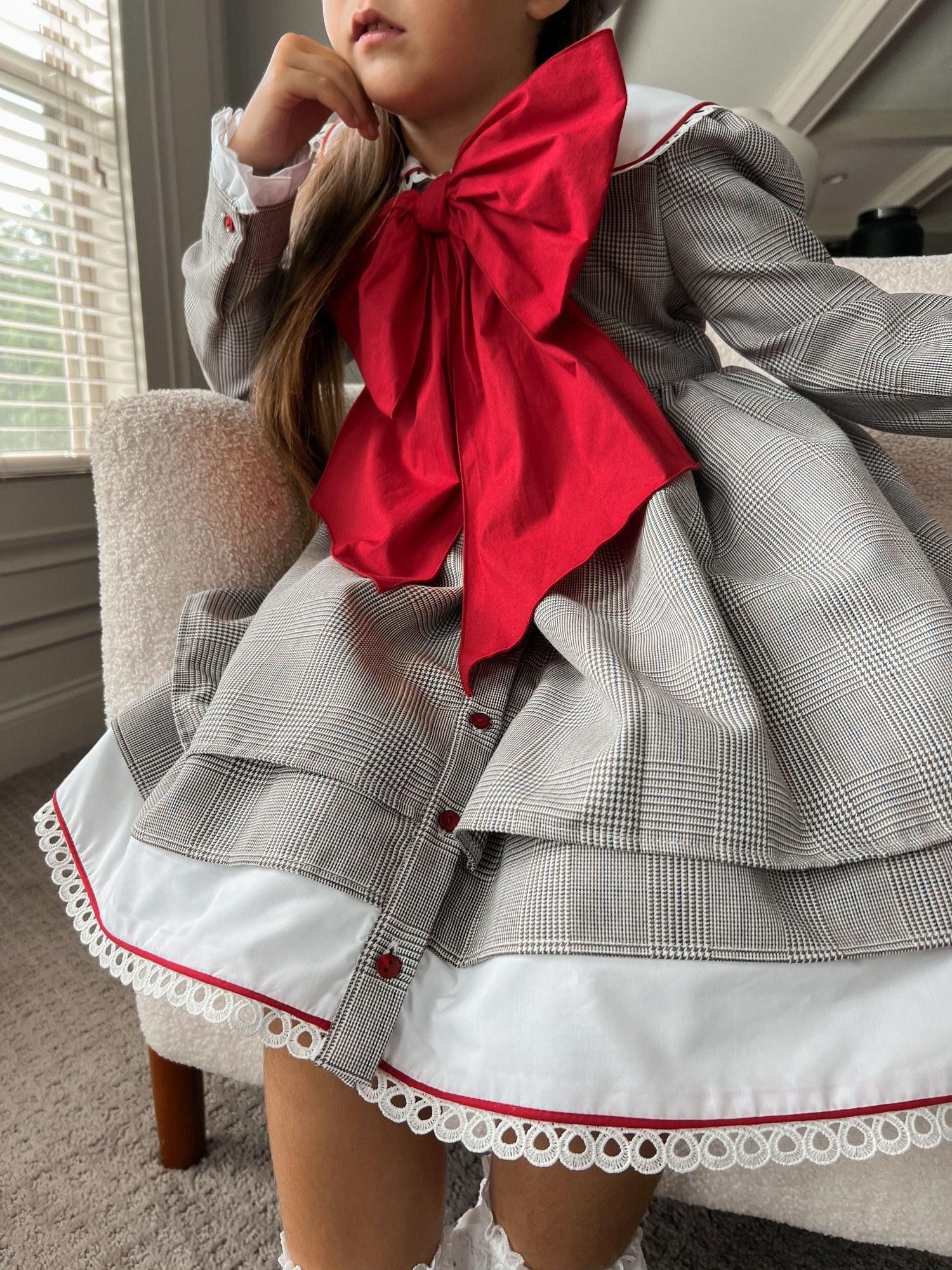 Girl | Georgina Tartan Print Dress with Bow | White x Black x Red