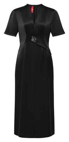 Elegant Acetate V-Neck Waist-Defining Dress | Black