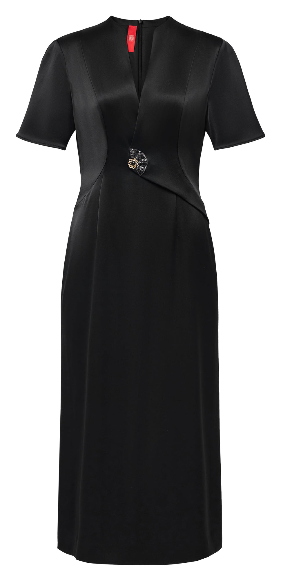 Elegant Acetate V-Neck Waist-Defining Dress | Black