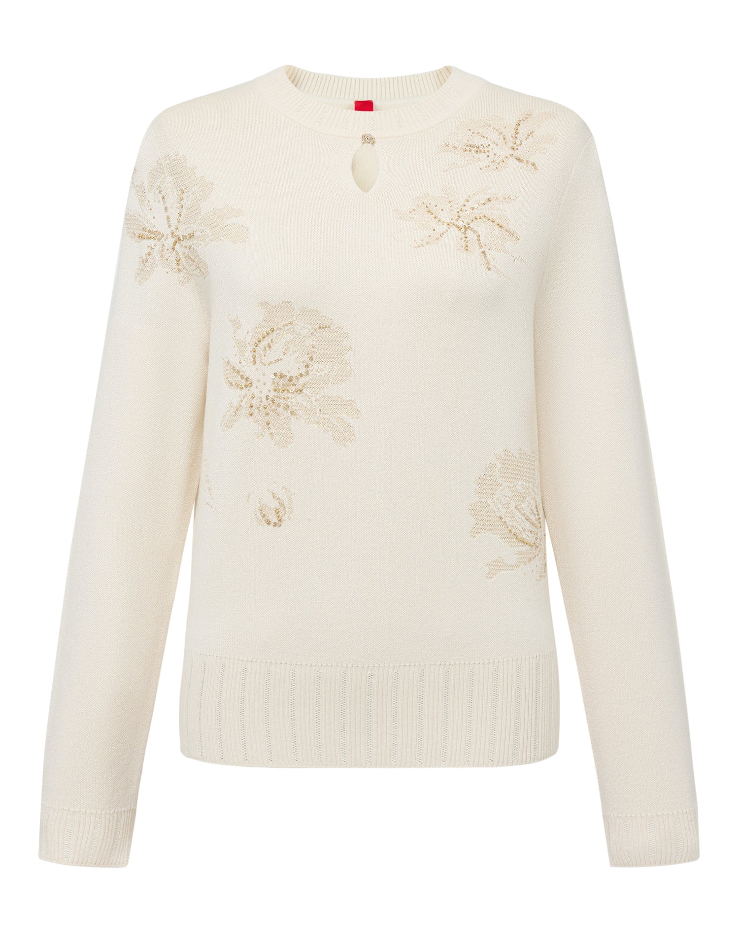 Floral Round-Neck Knit Sweater | Beige