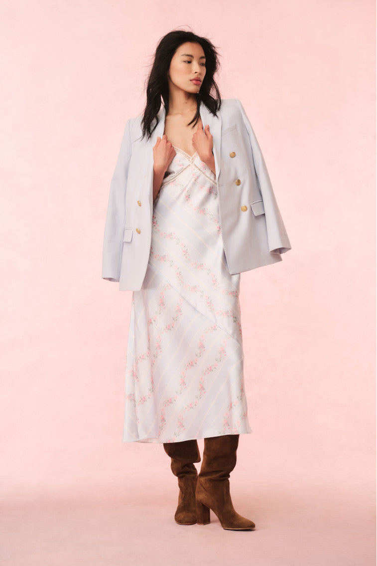 Ermon Satin Floral Slip Dress | Wavecrest Blue