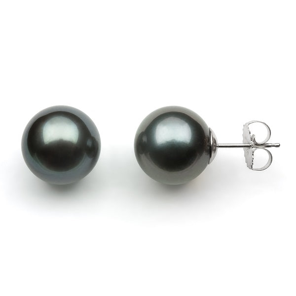 Womens | 11-12mm Round Black Tahitian Pearl | Stud Earrings | 14K White Gold