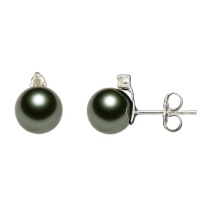 Womens | 8-9mm Round Black Tahitian Pearl | Stud Earrings | 14K White Gold