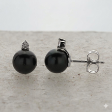 Womens | 8-9mm Round Black Tahitian Pearl | Stud Earrings | 14K White Gold