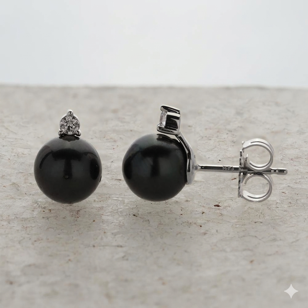 Womens | 8-9mm Round Black Tahitian Pearl | Stud Earrings | 14K White Gold