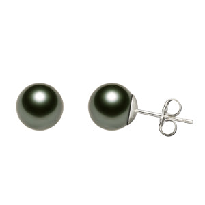 Womens | 8-9mm Round Black Freshwater Pearl | Stud Earrings | 14K Yellow Gold