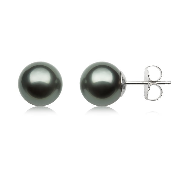 Womens | 8-9mm Round Black Freshwater Pearl | Stud Earrings | 14K Yellow Gold