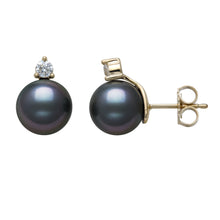 Womens | 8-9mm Round Black Tahitian Pearl | Stud Earrings - II | 14K Yellow Gold