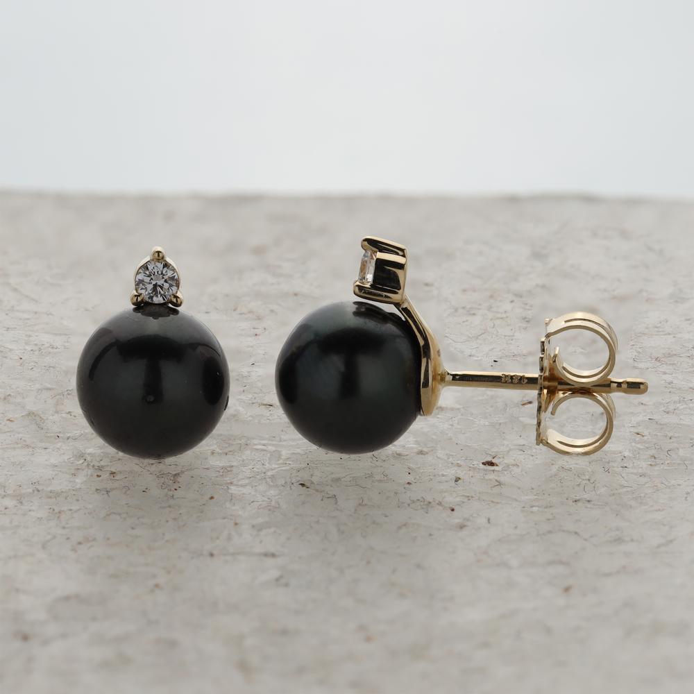Womens | 8-9mm Round Black Tahitian Pearl | Stud Earrings - II | 14K Yellow Gold