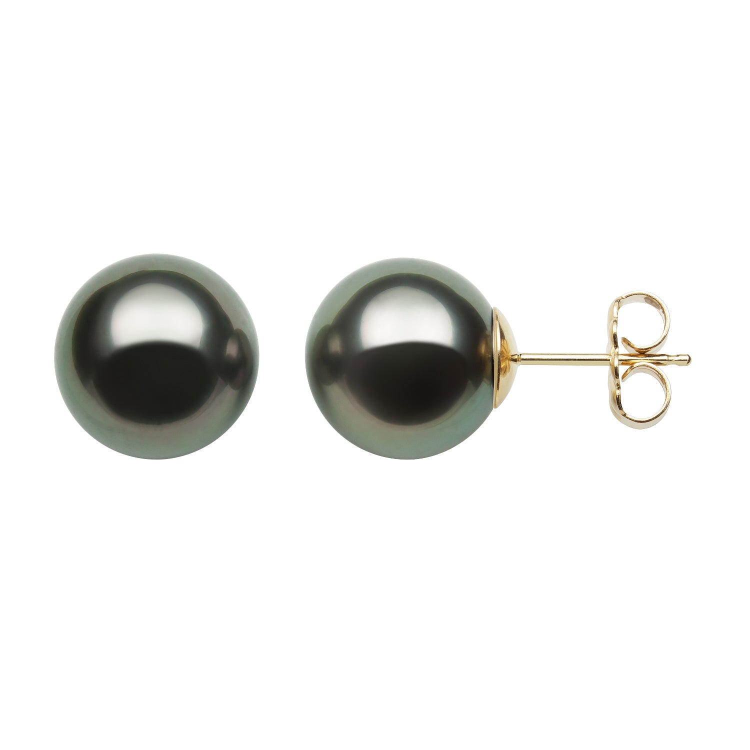 Womens | 8-9mm Round Black Tahitian Pearl | Stud Earrings - I | 14K Yellow Gold