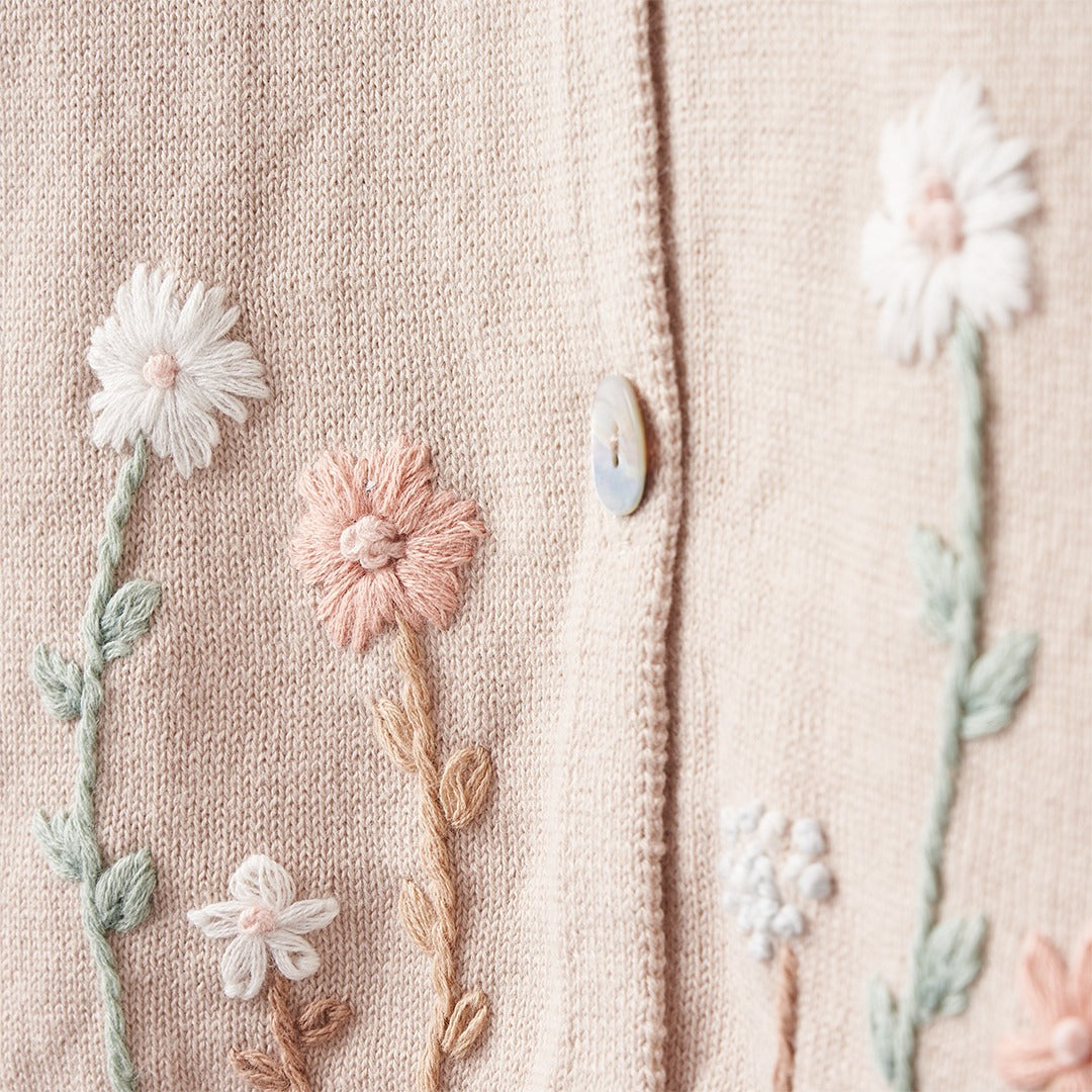 Girls | Taupe Flutter Sleeve Hand-Embroidered Baby Cardigan | Taupe