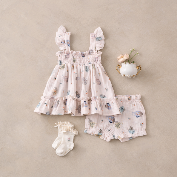Girls | Tea Party Organic Muslin Smocked Dress w/ Bloomer | Pink
