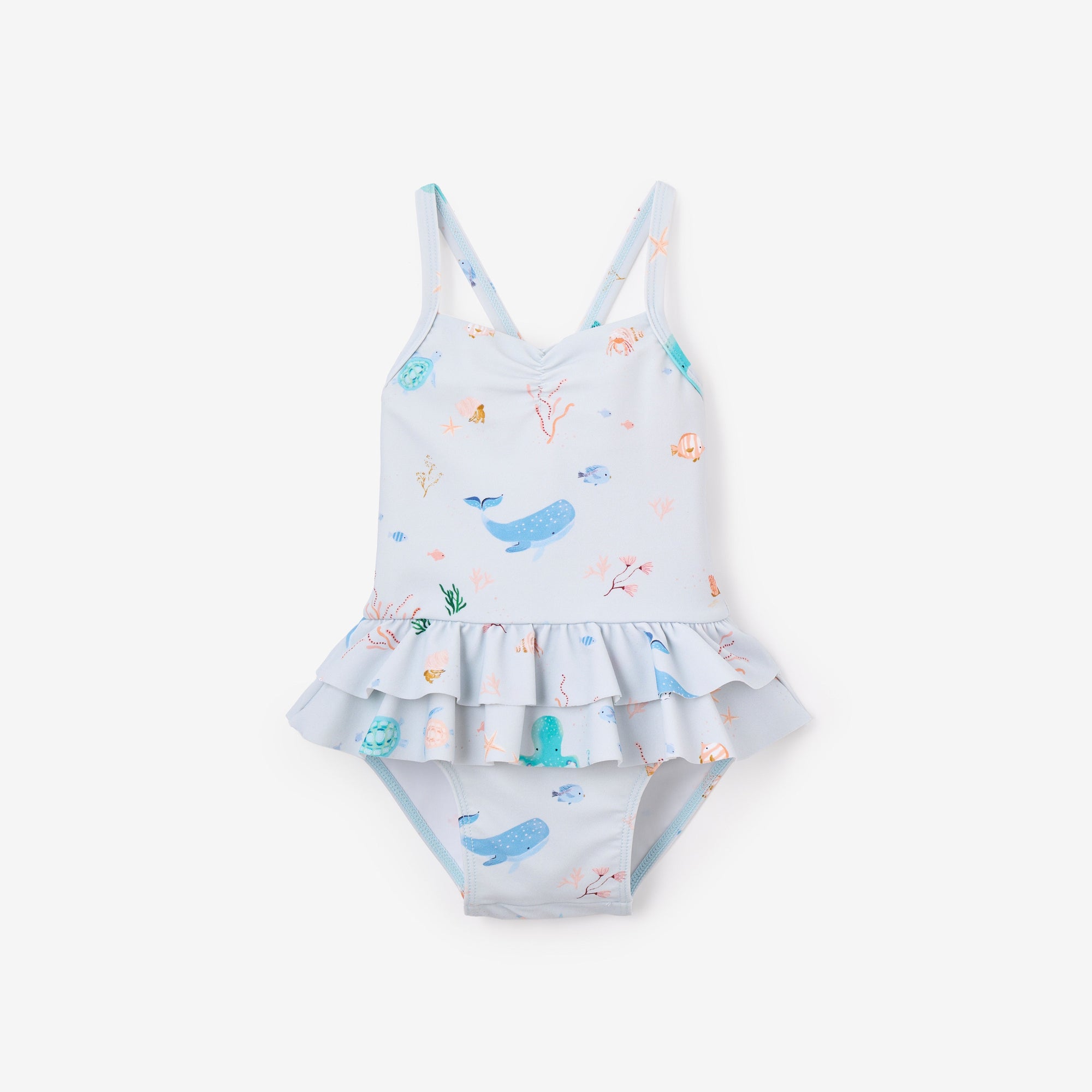 Girls | Pale Blue Ocean Adventure Baby Ruffle Swimsuit | Blue